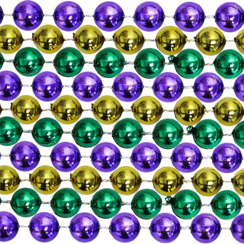 48" 12mm Round Metallic Purple, Green and Gold Mardi Gras Beads - Case (10 Dozen)