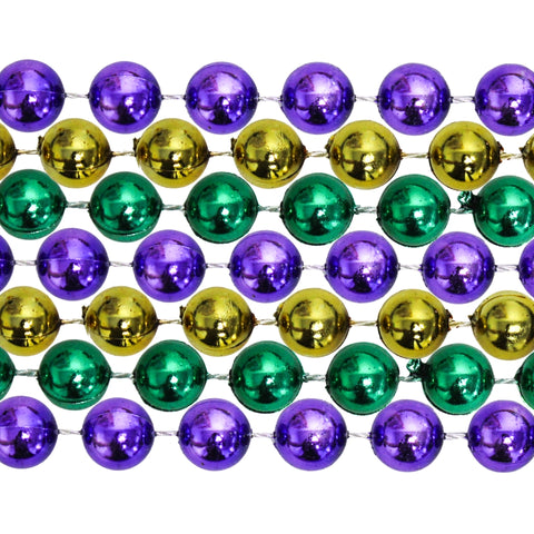 48" 14mm Round Metallic Purple, Green and Gold Mardi Gras Beads - Case (10 Dozen)